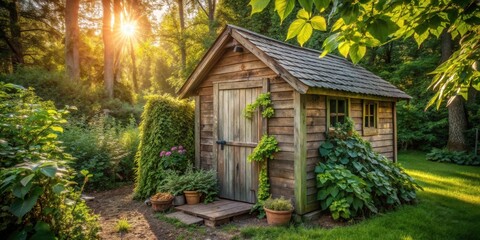 Rustic wooden garden shed nestled in a vibrant green landscape bathed in the golden light of a summer sunset