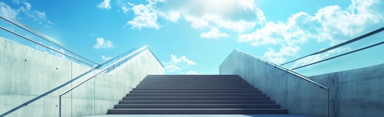 Fototapeta premium Photograph of empty concrete stairs with a handrail leading up to the shine sky, high resolution