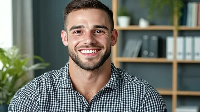 Casual, cheerful man in a checkered shirt sitting comfortably on a sleek gray couch in a bright office lounge, giving a relaxed video testimonial with plants and bookshelves in the