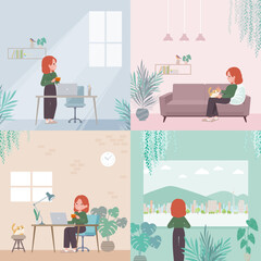 部屋でくつろぐ赤髪女性のセット