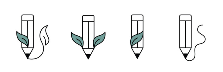 Vector icon set with pencil illustrations with eco-friendly design elements like leaves.