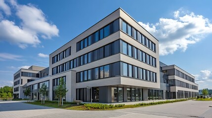 A modern multi-story office building with light gray facade, large glass windows, clear blue sky with white clouds, surrounded by paved paths and greenery.