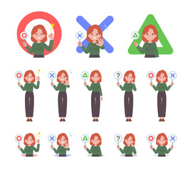 まるばつプレートを持った赤髪女性のセット