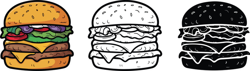   Trio of Hamburger Illustrations in Color, Outline, and Silhouette Styles for Food, Fast Food, and Graphic Design Projects