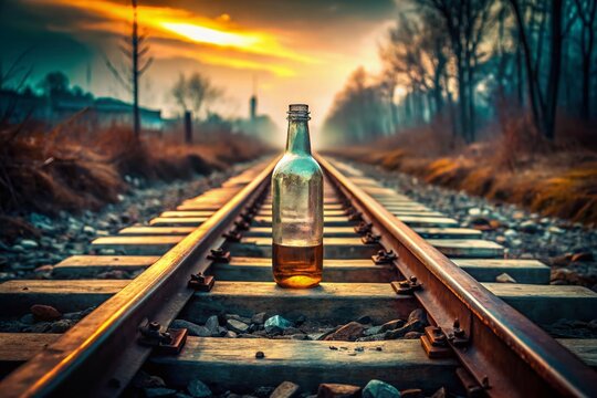 Lonely Bottle on Rusty Train Tracks: Double Exposure Stock Photo