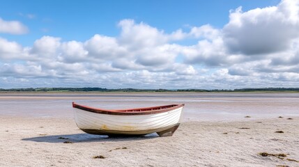 Naklejka premium Small Rowboat on Sandy Beach, Calm Sky, High-Definition Vivid Colors, Wide Angle Beach View, Natural Textures, Peaceful Solitude, Coastal Landscape, Bright Sunny Mood, Perfect for Travel Brochures