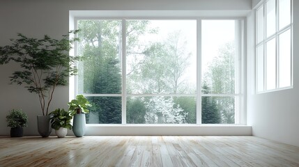 A bright and simple indoor scene with a large window. Outside the window, bare-branched trees and buildings are visible. Several potted green plants are placed on the windowsill. 