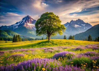 Obraz premium Lonely Green Tree in Mountain Meadow with Purple and Yellow Wildflowers - Spring Landscape Photography