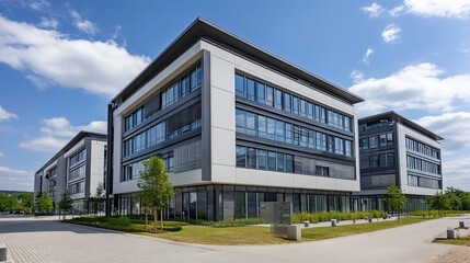 Fototapeta premium A modern multi-story office building with light gray facade, large glass windows, clear blue sky with white clouds, surrounded by paved paths and greenery.