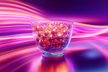 Innovative bubble tea cup filled with vibrant neon pearls in a colorful futuristic setting