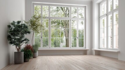 A bright and simple indoor scene with a large window. Outside the window, bare-branched trees and buildings are visible. Several potted green plants are placed on the windowsill. 