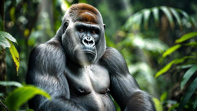 Detailed portrait of a western lowland gorilla captured nearby. Silverback - adult male gorilla in its native habitat. Jungle.