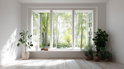 Fototapeta premium A bright and simple indoor scene with a large window. Outside the window, bare-branched trees and buildings are visible. Several potted green plants are placed on the windowsill. 