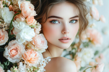 Beautiful woman with flowers in her hair, sitting under a blossoming tree, bathed in warm sunlight, smiling serenely.