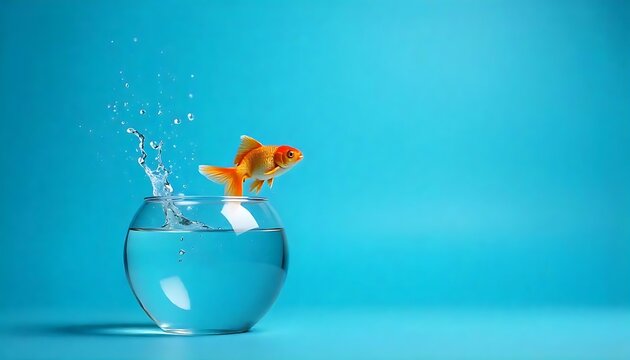 A goldfish is jumping out of a fishbowl on blue background with copy space for text. The fish is in the air and the water is splashing. Concept of freedom and excitement, created with generative ai