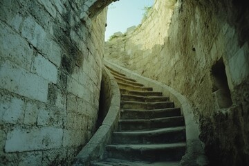 Ancient stone stairs curve upward through a narrow, sunlit passageway, evoking the allure of history and exploration.