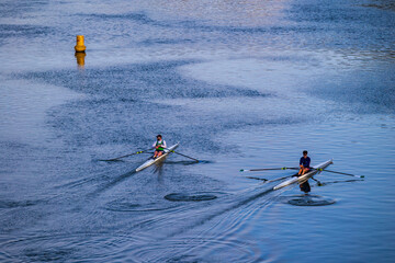 Two rowers in their rowing boat, navigating the Garonne in Toulouse © Ldgfr Photos