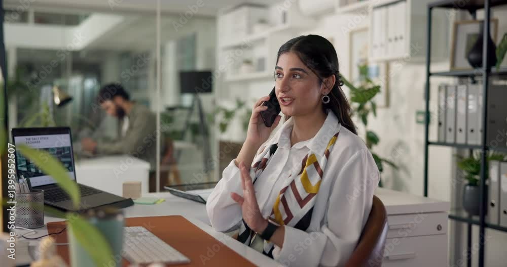 Poster woman, phone call and smile in office with discussion for project management at web design company. 
