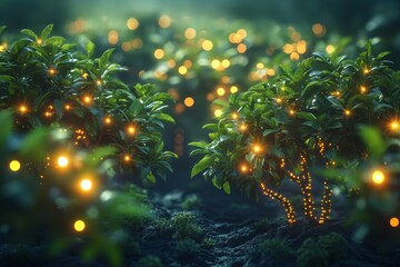 Close up of glowing decorative lights on a green plant at night