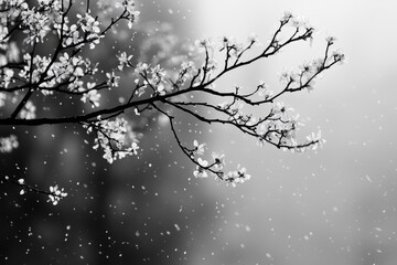 Obraz premium Black and white photo of snowy tree branches against sky