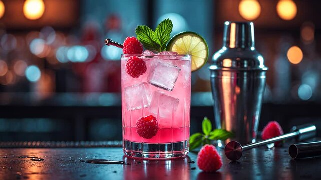 Raspberry beverage with white rum, sugar syrup, fruit juice, lime, berries, and ice served in a glass.
