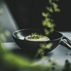 Potato mash in a black bowl with dill and olive oil in the restaurant. 