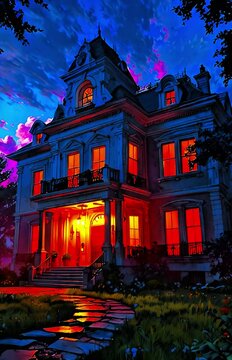 Ornate Victorian haunted house eerie orange windows stormy night sky gothic architecture spooky atmosphere horror setting ghostly pathway foreboding luxury millionaire pent house duplex