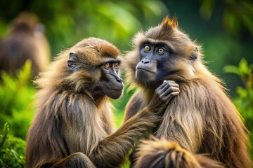Obraz premium Long Exposure: Gelada Monkeys Grooming in Swiss Sanctuary