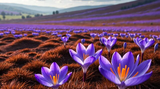Wide-angle perspective of saffron blossoms in the field. Close-up of the flowering purple Crocus sativus plant on the soil.