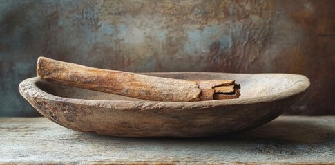 Fototapeta premium Rustic wooden bowl with a textured surface and a weathered stick resting inside, set against an earthy backdrop