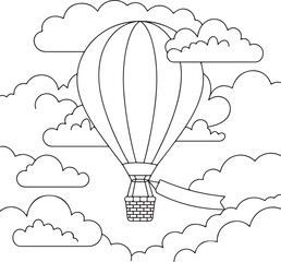  Hand Drawn Hot Air Balloon in the Sky with Clouds – Outline Style Illustration for Coloring Books and Kids Activities