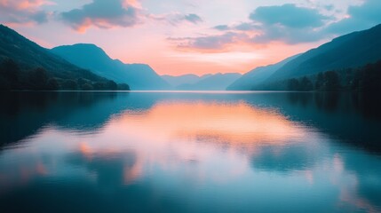 Obraz premium Serene Sunset over Mountain Lake Reflection