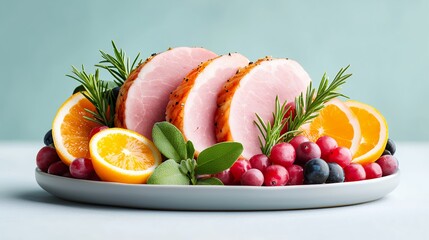 Glazed Ham with Citrus and Berries on a Gray Platter