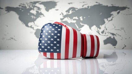 Obraz premium Reciprocal Tariffs. Import Tariffs USA 2025 Boxing glove adorned with the American flag set against a world map background.