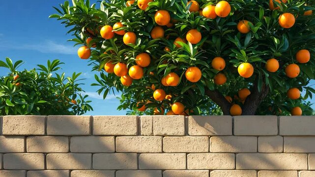Oranges ripening within dense green leaves in the upper canopy of a citrus tree above a fence against the blue sky.