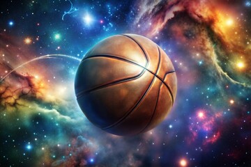 Basketball texture floating in vibrant cosmic nebula