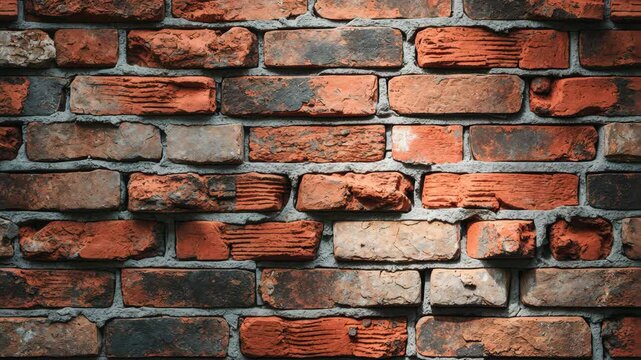 Wide-angle perspective of a weathered brick wall. Traditional brick pattern.