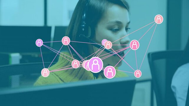 In office, customer service representative with network connections animation on screen
