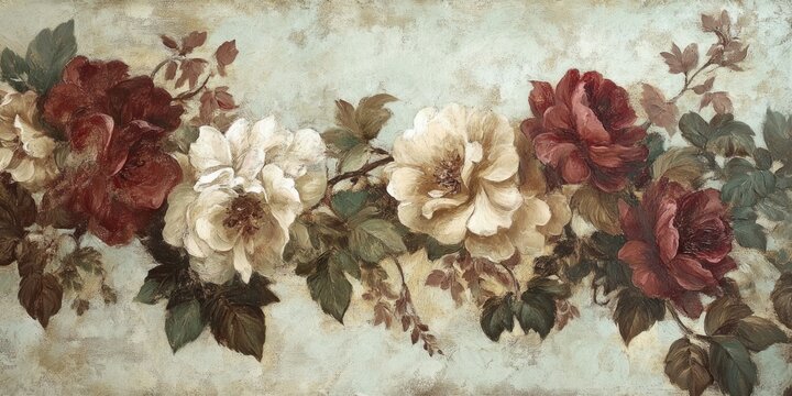 oil paint green burgundy and beige flowers wallpapper vintage 