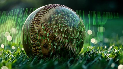 Baseball with digital financial data on grass - Powered by Adobe