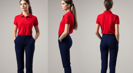 woman wearing red polo shirt full body shot