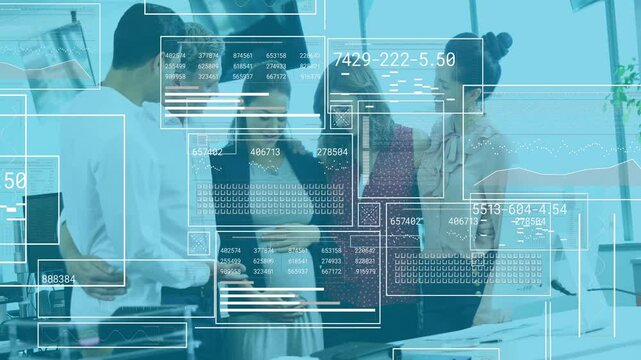 Collaborating in office, business team working with digital data processing overlay