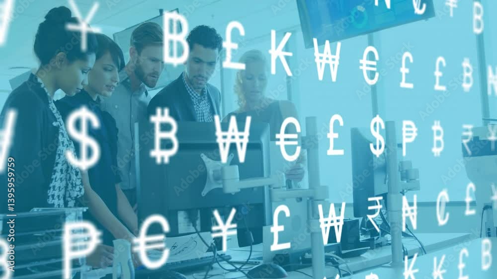 Poster analyzing data on computers, diverse team with animation of currency symbols