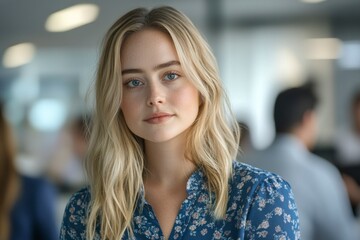 Blonde Woman Portrait in Office Environment Wearing a Floral Shirt