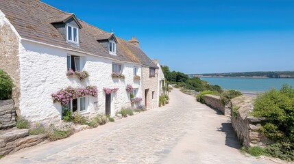 Obraz premium Quaint coastal village street lined with whitewashed houses, adorned with vibrant pink flowers, overlooking a serene bay. Sunlight bathes the scene in a cheerful atmosphere
