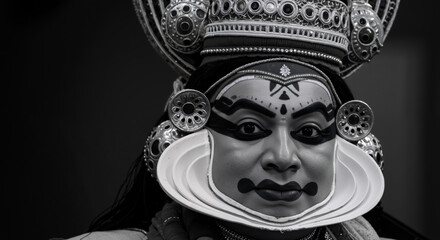 Close-up of Kathakali dancer's face with vibrant green makeup. Traditional Indian classical dance form. Cultural performance art. Horizontal banner for festivals, theater events, cultural tourism