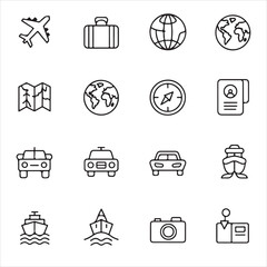 Set of location icons including airplane, ship, camera, and globe for travel graphics