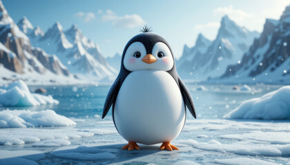Obraz premium Cute baby penguin standing on ice in a beautiful snowy Antarctic landscape