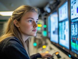 Young woman intently monitors data on multiple computer screens in a control room.