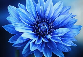 Obraz premium Close-up of a vivid blue flower with layered petals and intricate stamen cluster, soft blue gradient background